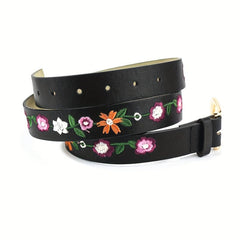 Boho Flower Embroidery Belt Vintage Pin Buckle PU Leather Waistband