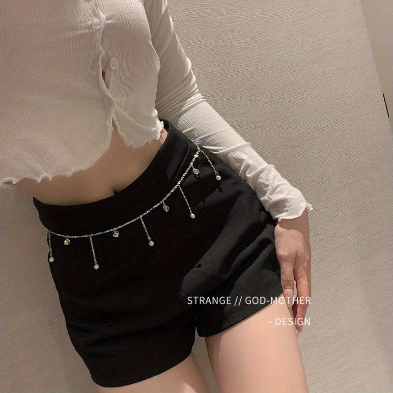 Faux Pearl Tassel Chain Stylish Silver Waist Chain Rhinestone Slim Waistband