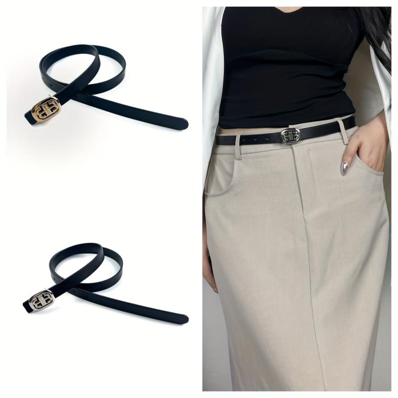 Geometric Buckle Leather Belt Vintage Solid Thin Classic Dress Girdle Jeans Belt