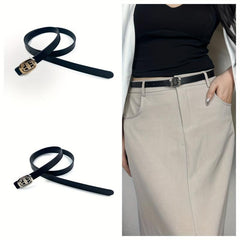 Geometric Buckle Leather Belt Vintage Solid Thin Classic Dress Girdle Jeans Belt