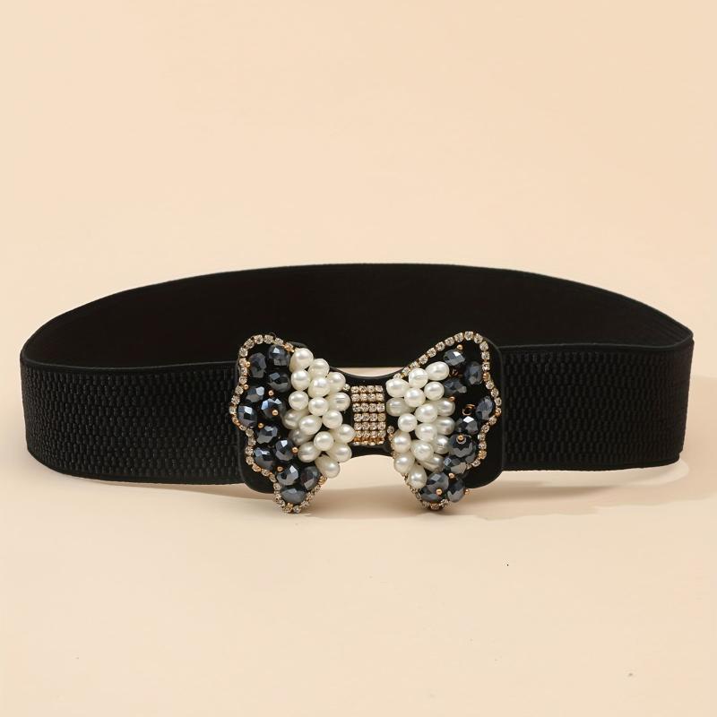 Faux Pearl Bow Buckle Elastic Belt Decorative Girdle