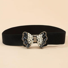 Faux Pearl Bow Buckle Elastic Belt Decorative Girdle