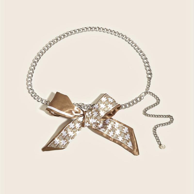 Faux Pearl Pendant Waist Chain Ribbon Bowknot Decor Jeans Pants Metal Waistband