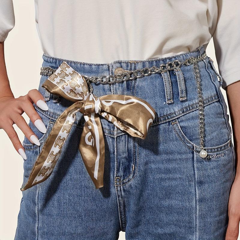 Faux Pearl Pendant Waist Chain Ribbon Bowknot Decor Jeans Pants Metal Waistband