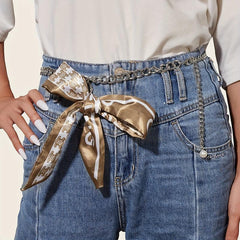 Faux Pearl Pendant Waist Chain Ribbon Bowknot Decor Jeans Pants Metal Waistband
