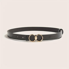 Double Round Buckle Casual Belt Solid PU Leather Waist Belts