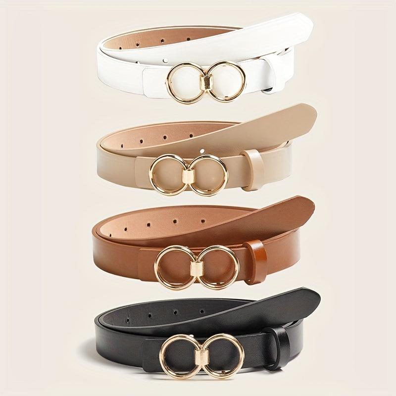 Double Round Buckle Casual Belt Solid PU Leather Waist Belts
