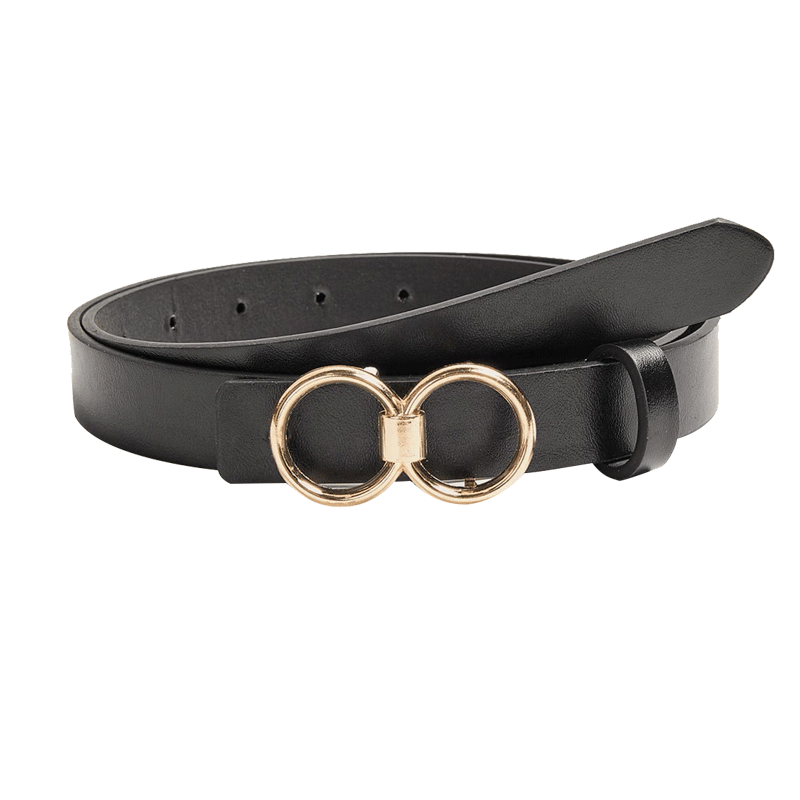 Double Round Buckle Casual Belt Solid PU Leather Waist Belts