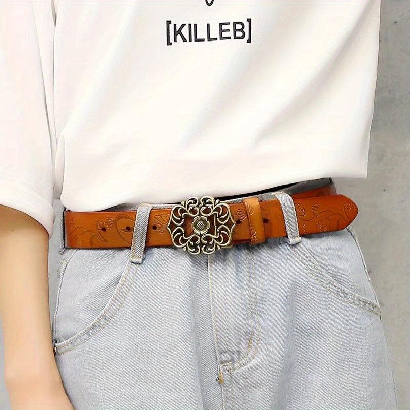 Vintage Flower Hollow Buckle Wide Leather Belt