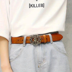 Vintage Flower Hollow Buckle Wide Leather Belt