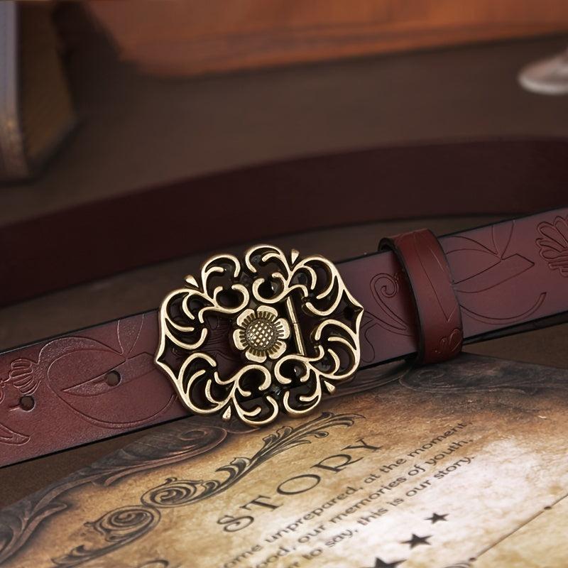 Vintage Flower Hollow Buckle Wide Leather Belt