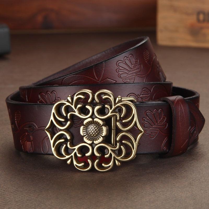 Vintage Flower Hollow Buckle Wide Leather Belt