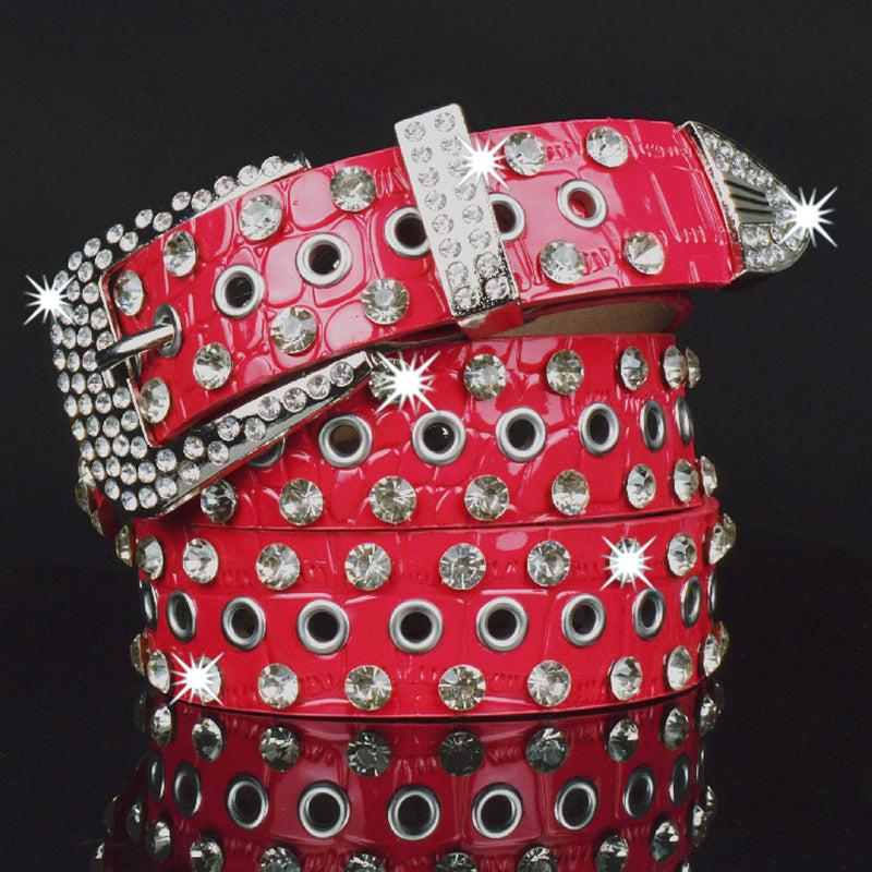 Wide Belt Rhinestone Inlaid Pin Buckle Perforation Belt