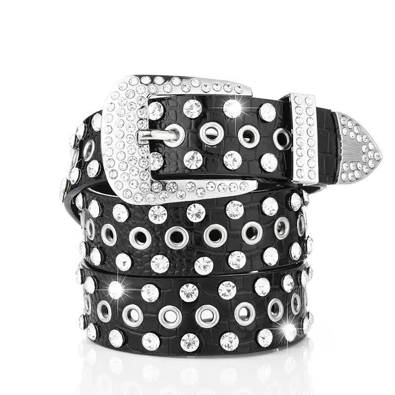 Wide Belt Rhinestone Inlaid Pin Buckle Perforation Belt