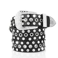 Wide Belt Rhinestone Inlaid Pin Buckle Perforation Belt
