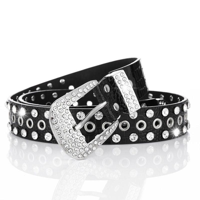 Wide Belt Rhinestone Inlaid Pin Buckle Perforation Belt