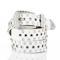 Wide Belt Rhinestone Inlaid Pin Buckle Perforation Belt