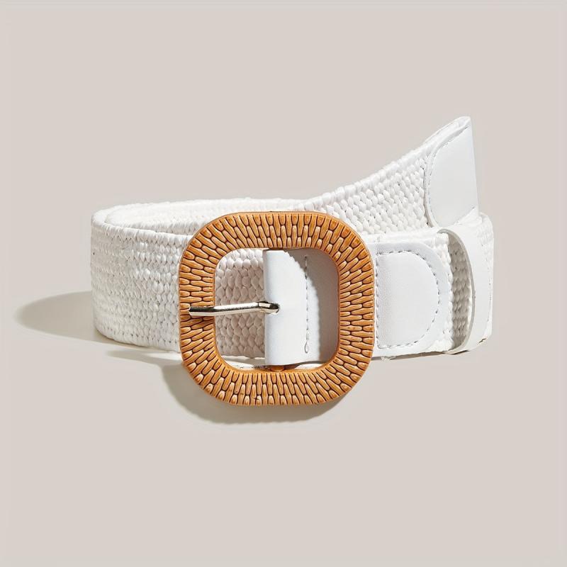 Casual Straw Belt Square Buckle Elastic Waistband Women Dress Girdle Boho Belt