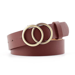 Women Faux Leather Belt Double Golden O Ring Buckle