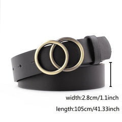 Women Faux Leather Belt Double Golden O Ring Buckle