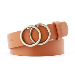 Women Faux Leather Belt Double Golden O Ring Buckle