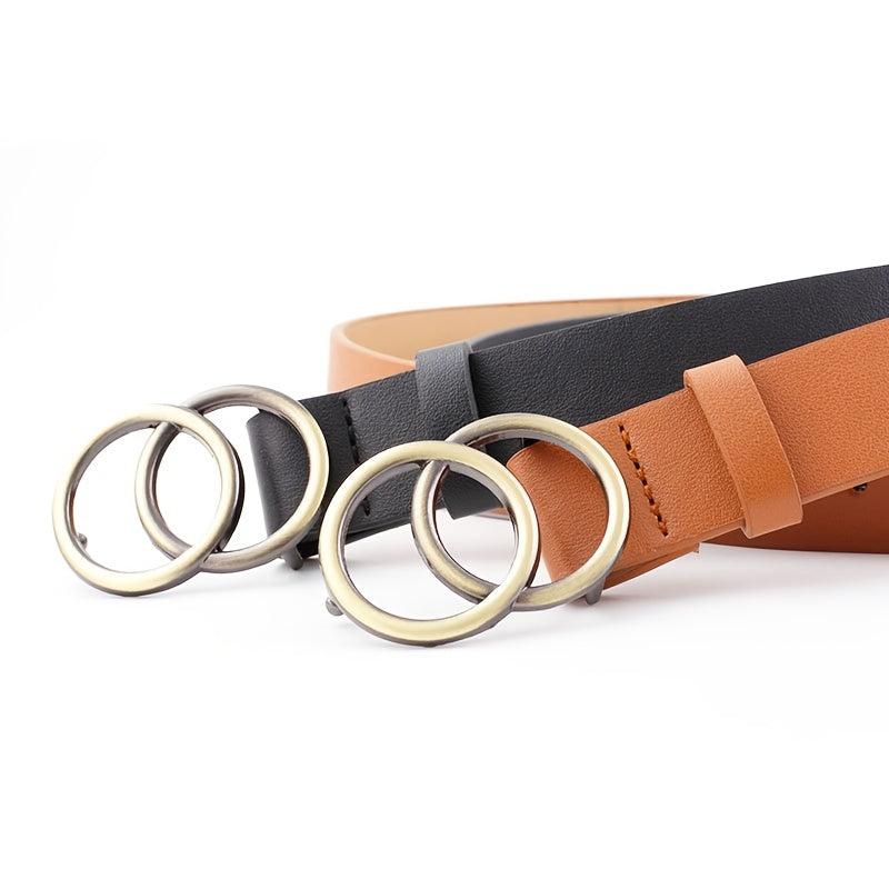 Women Faux Leather Belt Double Golden O Ring Buckle