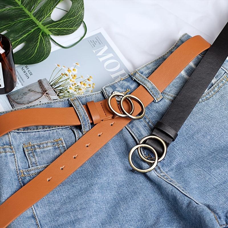 Women Faux Leather Belt Double Golden O Ring Buckle