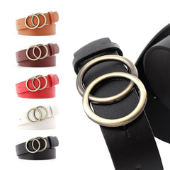Women Faux Leather Belt Double Golden O Ring Buckle