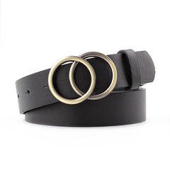 Women Faux Leather Belt Double Golden O Ring Buckle