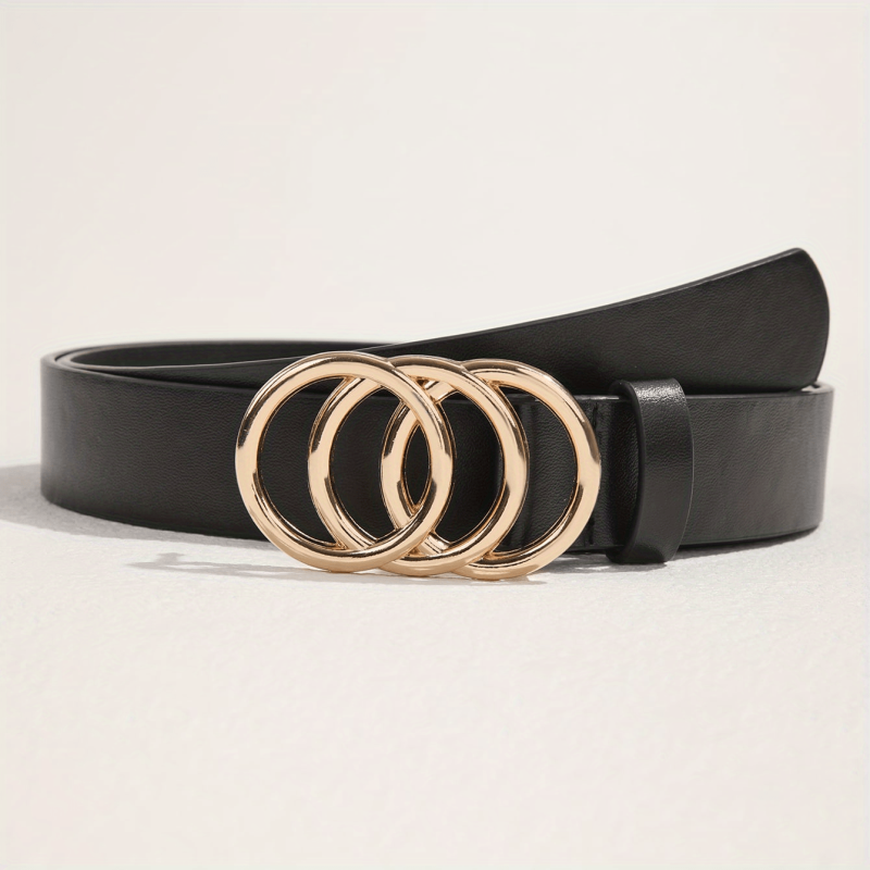 Golden Triple Ring Buckle Belt PU Leather Casual Jeans Pants Belts