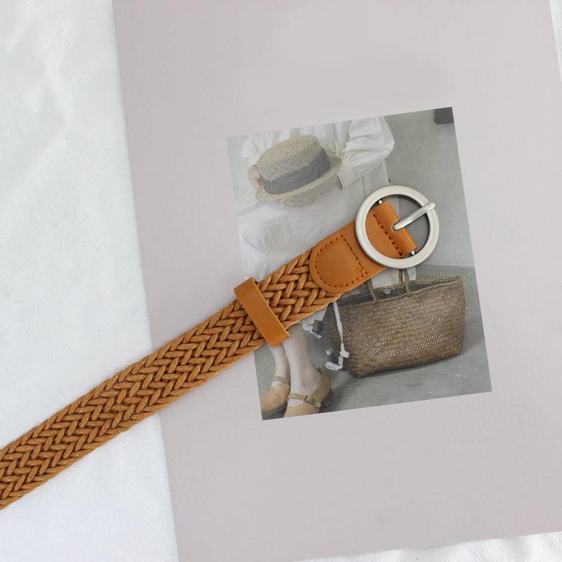 Women's Braided Belt Round Buckle Student Female Silver Buckle