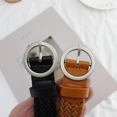Women's Braided Belt Round Buckle Student Female Silver Buckle