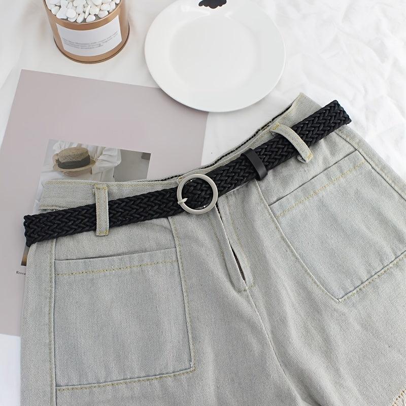 Women's Braided Belt Round Buckle Student Female Silver Buckle