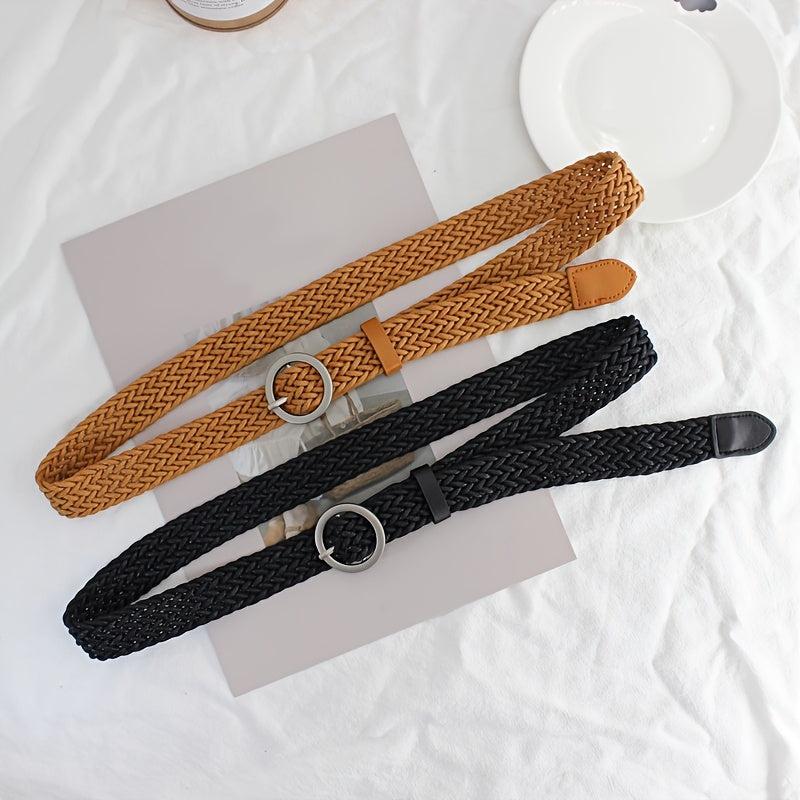 Women's Braided Belt Round Buckle Student Female Silver Buckle