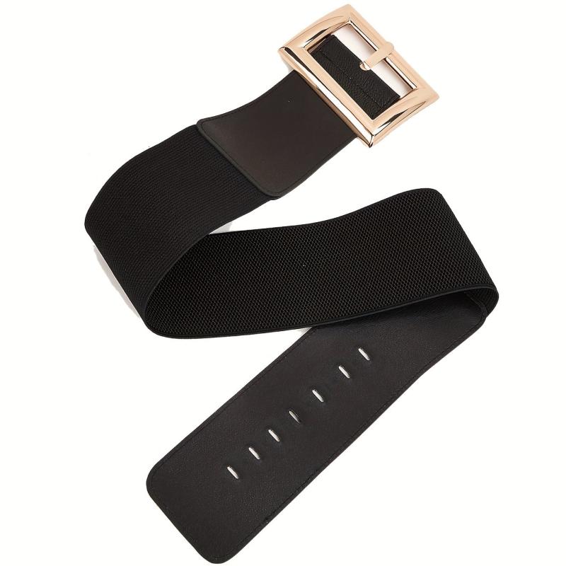 Wide Elastic Waistband Rectangular Buckle Belt for Women Dress Coat
