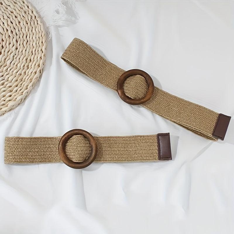 Bohemian Vintage Straw Belt with Round Buckle