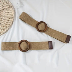 Bohemian Vintage Straw Belt with Round Buckle