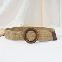 Bohemian Vintage Straw Belt with Round Buckle