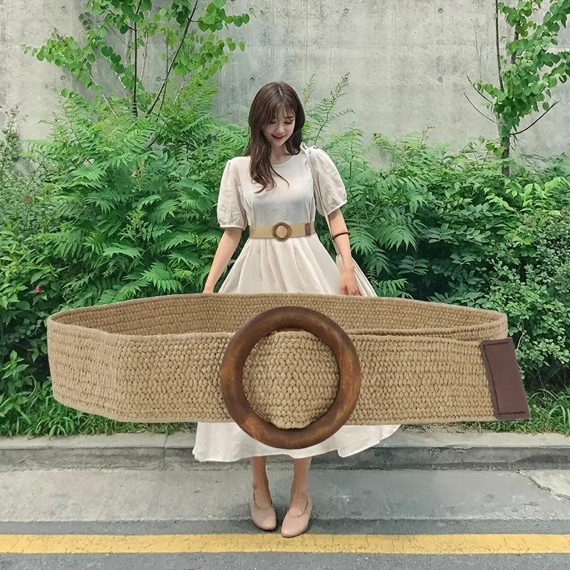 Bohemian Vintage Straw Belt with Round Buckle