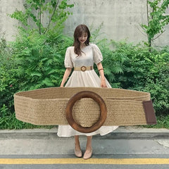 Bohemian Vintage Straw Belt with Round Buckle