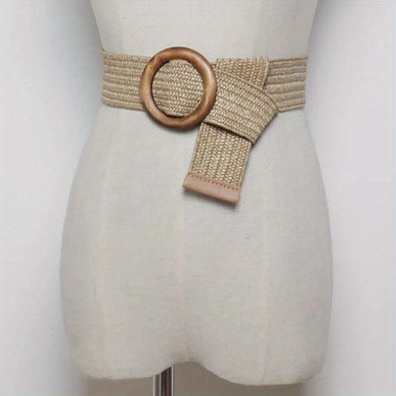 Bohemian Vintage Straw Belt with Round Buckle