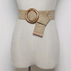 Bohemian Vintage Straw Belt with Round Buckle