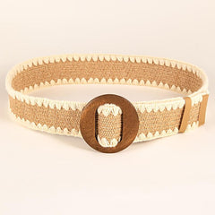Woven Elastic Waist Belt with Wooden Buckle for Women Dress
