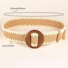 Woven Elastic Waist Belt with Wooden Buckle for Women Dress
