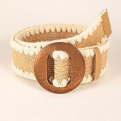 Woven Elastic Waist Belt with Wooden Buckle for Women Dress