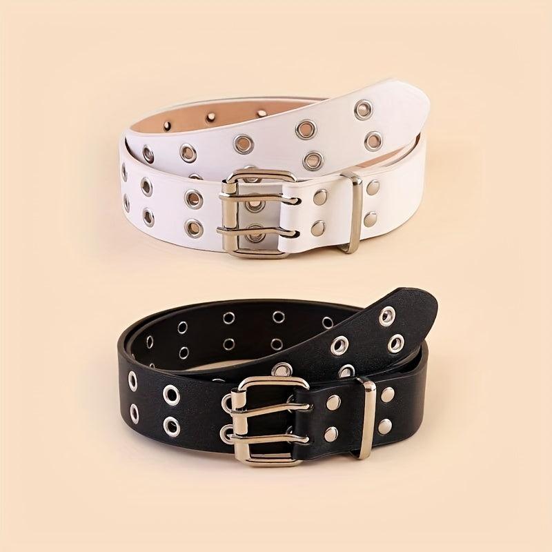 Punk Eyelet Belt Double Pin Buckle PU Belt 2pcs Set