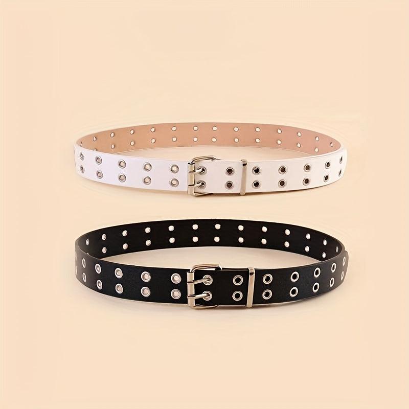 Punk Eyelet Belt Double Pin Buckle PU Belt 2pcs Set