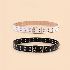 Punk Eyelet Belt Double Pin Buckle PU Belt 2pcs Set