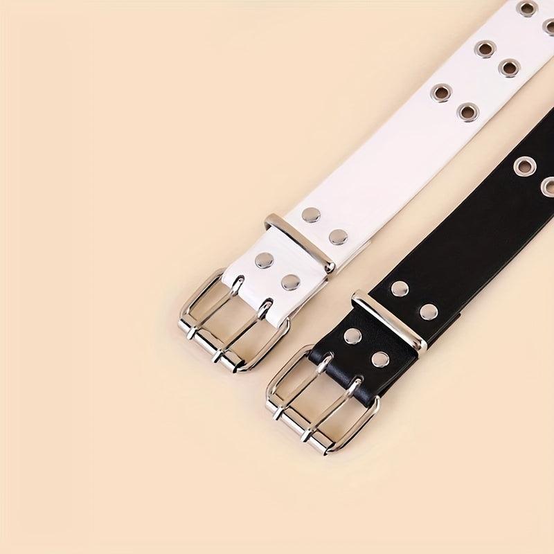 Punk Eyelet Belt Double Pin Buckle PU Belt 2pcs Set