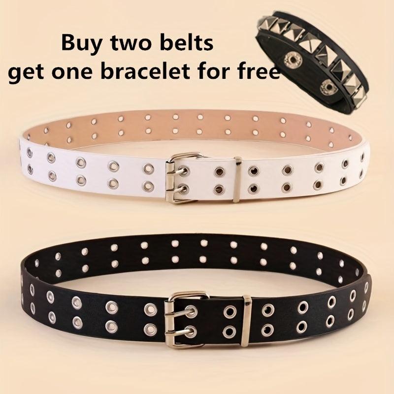 Punk Eyelet Belt Double Pin Buckle PU Belt 2pcs Set